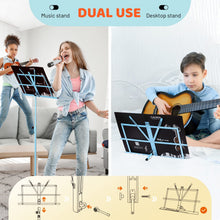 Load image into Gallery viewer, CAHAYA 2 in 1 Dual Use Extra Stable Reinforced Folding Sheet Music Stand &amp; Desktop Book Stand Lightweight Portable Adjustable with Carrying Bag, Metal Music Stand with Music Sheet Clip Holder CY0204