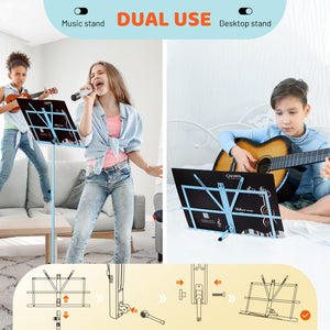 CAHAYA 2 in 1 Dual Use Extra Stable Reinforced Folding Sheet Music Stand & Desktop Book Stand Lightweight Portable Adjustable with Carrying Bag, Metal Music Stand with Music Sheet Clip Holder CY0204