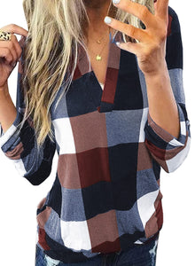 Womens Basic Casual V Neck Plaid Print Cotton Cuffed Long Sleeve Work Tops Blouses Shirts S-3XL