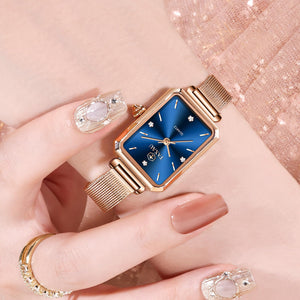 Women's Casual Watch, Rose Gold Tone Mesh Bracelet Stainless Steel Square Dress Watches for Women, Fashion Business Analog Quartz Ladies Small Wrist Watch