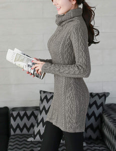 Women Polo Neck Long Slim Fitted Dress Bodycon Turtleneck Cable Knit Sweater