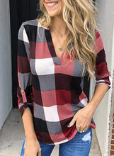 Load image into Gallery viewer, Womens Basic Casual V Neck Plaid Print Cotton Cuffed Long Sleeve Work Tops Blouses Shirts S-3XL