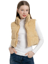 Load image into Gallery viewer, Cropped Puffer Vest Women with Pockets Short Corduroy Vest Sleeveless Stand Collar Padded Puffy Outerwear