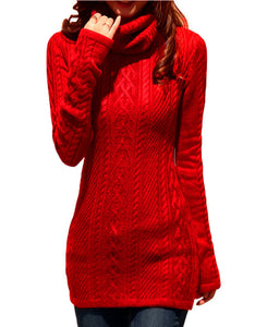 Women Polo Neck Long Slim Fitted Dress Bodycon Turtleneck Cable Knit Sweater