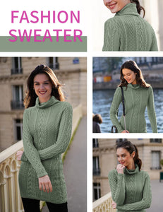 Women Polo Neck Long Slim Fitted Dress Bodycon Turtleneck Cable Knit Sweater