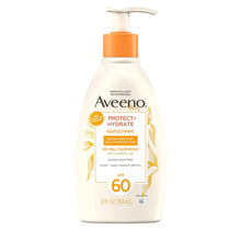 Load image into Gallery viewer, Aveeno Protect + Hydrate Sunscreen Moisturizing Body Lotion with Broad Spectrum SPF 60 and Prebiotic Oat, Weightless, Paraben, Oxybenzone, and Oil Free Sunscreen, 12 FL OZ