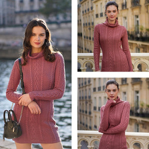 Women Polo Neck Long Slim Fitted Dress Bodycon Turtleneck Cable Knit Sweater