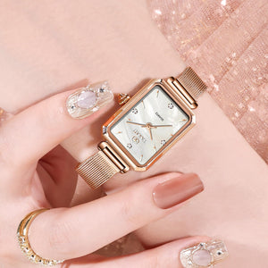 Women's Casual Watch, Rose Gold Tone Mesh Bracelet Stainless Steel Square Dress Watches for Women, Fashion Business Analog Quartz Ladies Small Wrist Watch