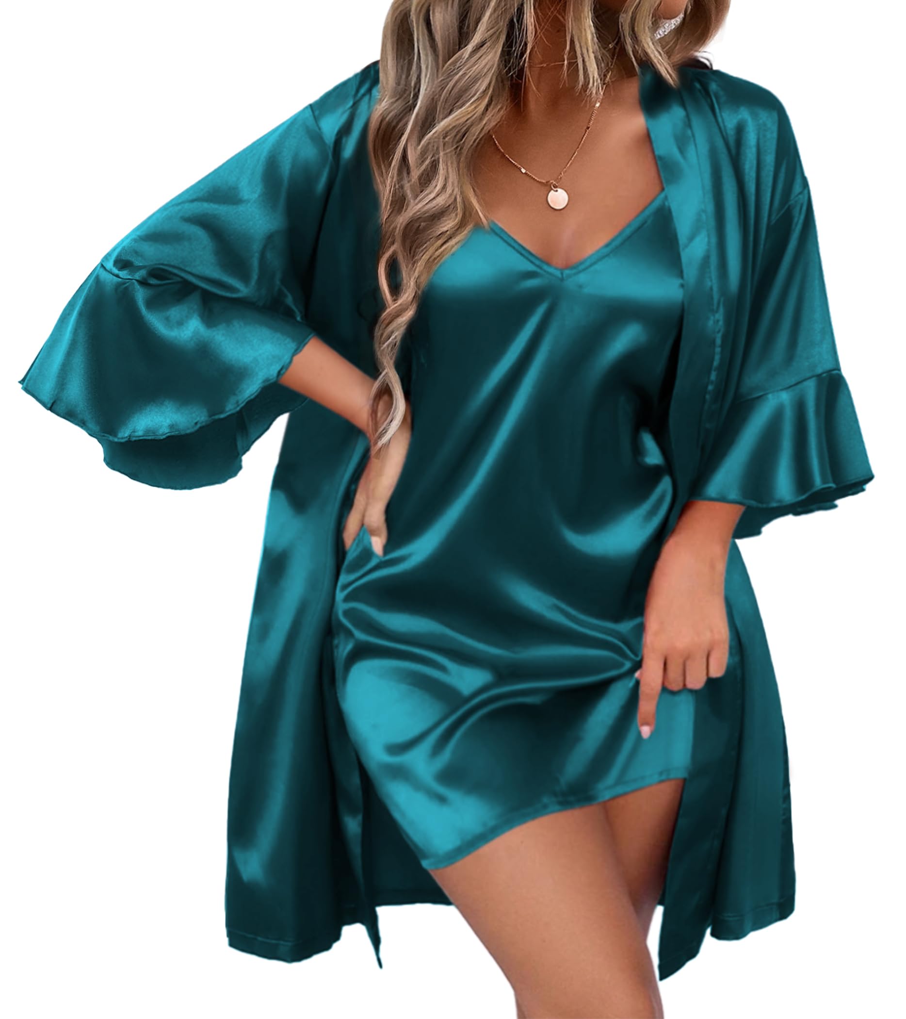 Women's Silk Robe Set V-neck 2 Piece Bridal Party Robes and Satin Bath ...