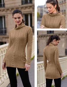 Women Polo Neck Long Slim Fitted Dress Bodycon Turtleneck Cable Knit Sweater