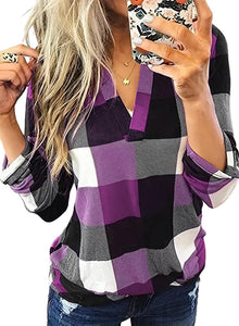 Womens Basic Casual V Neck Plaid Print Cotton Cuffed Long Sleeve Work Tops Blouses Shirts S-3XL