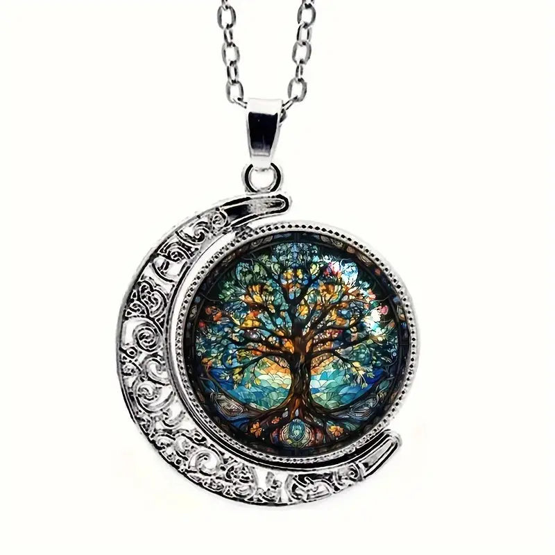 1pc Exquisite Tree of Life Necklace - Rotatable Design with Durable Glass Alloy Pendant and Luminous Finish