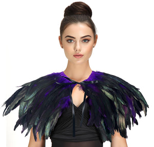 Gothic Black Feather Shawl Victorian Costume Shrug Halloween Cosplay Feather Wrap Lace Neck