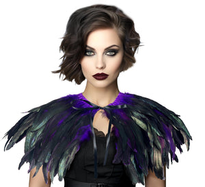 Gothic Black Feather Shawl Victorian Costume Shrug Halloween Cosplay Feather Wrap Lace Neck