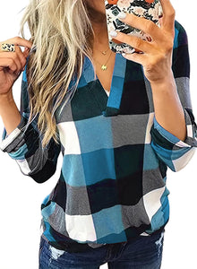 Womens Basic Casual V Neck Plaid Print Cotton Cuffed Long Sleeve Work Tops Blouses Shirts S-3XL