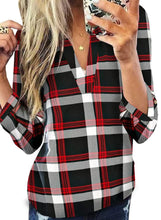 Load image into Gallery viewer, Womens Basic Casual V Neck Plaid Print Cotton Cuffed Long Sleeve Work Tops Blouses Shirts S-3XL