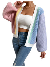 Load image into Gallery viewer, Women&#39;s Color Block Open Front Long Sleeve Ribbed Knit Cropped Cardigan Sweaters