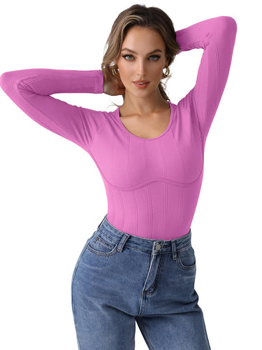 PINKMSTYLE Women's Sexy Scoop Neck Long Sleeve Bodysuits Thongs Ribbed Seamless Slim Fit Trendy Going Out Leotard Tops