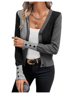 Women's Color Block Button Down Caridiagn Sweaters Long Sleeve Collared Knit Tops