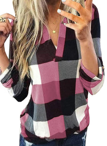 Womens Basic Casual V Neck Plaid Print Cotton Cuffed Long Sleeve Work Tops Blouses Shirts S-3XL