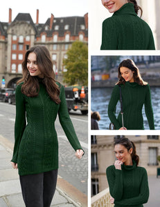 Women Polo Neck Long Slim Fitted Dress Bodycon Turtleneck Cable Knit Sweater