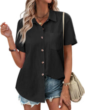 Load image into Gallery viewer, Womens Button Down Shirts Color Block Short Sleeve Cotton Linen Summer Causal Blouses Tops