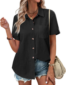 Womens Button Down Shirts Color Block Short Sleeve Cotton Linen Summer Causal Blouses Tops