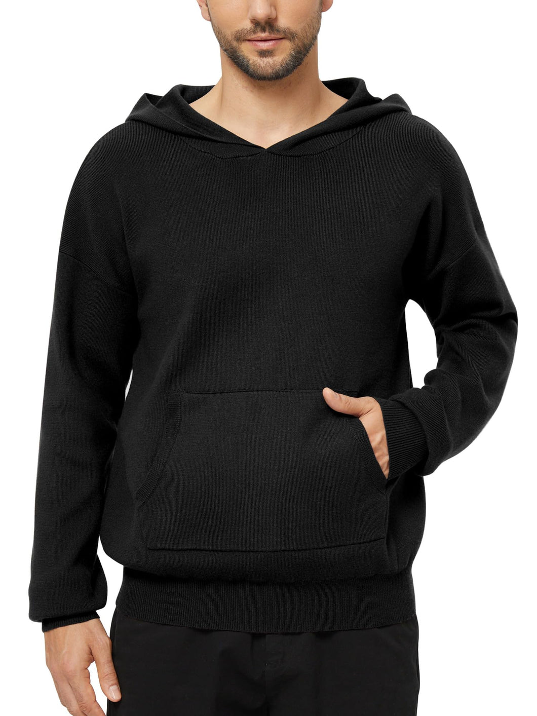 Mens Hoodies Sweater Solid Knitted Pullover Hooded Sweatshirt Long Sleeve Casual Ribbed Hoodie with Kanga Pocket