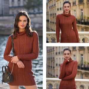 Women Polo Neck Long Slim Fitted Dress Bodycon Turtleneck Cable Knit Sweater