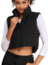 Load image into Gallery viewer, Women&#39;s Corduroy Cropped Puffer Vest with Pockets, High Stand Collar Outerwear Lightweight Warm Sleeveless Jacket