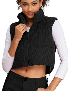 Women's Corduroy Cropped Puffer Vest with Pockets, High Stand Collar Outerwear Lightweight Warm Sleeveless Jacket