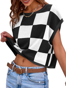 Womens Cap Sleeve Crop Tops Crew Neck Knit Trendy Casual Sweater