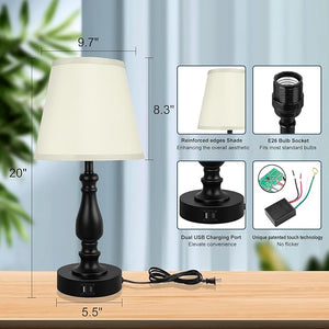 Bedside Table Lamps Set of 2, 20" Night Stand Lamps with Dual USB A+C Charging Ports, 3 Way Touch Bedside Lamp for Living Room Bedroom, Bulb Free