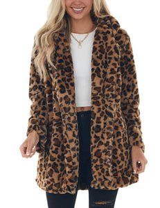 Women's Faux Fur Jackets Autumn Winter Leopard Coats Loose Fur Coat with Pockets