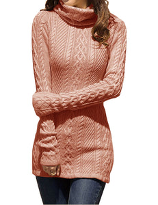 Women Polo Neck Long Slim Fitted Dress Bodycon Turtleneck Cable Knit Sweater