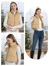 Load image into Gallery viewer, Cropped Puffer Vest Women with Pockets Short Corduroy Vest Sleeveless Stand Collar Padded Puffy Outerwear