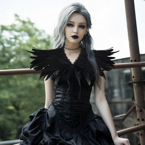 Gothic Black Feather Shawl Victorian Costume Shrug Halloween Cosplay Feather Wrap Lace Neck