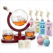 Load image into Gallery viewer, Valentines Day Gifts For Him, Whiskey-Wine Globe Decanter + Spa Gift Set, 20Pcs - 2 Etched Globe Glasses, 4 Bath Bombs, 4 Scented Reed Oil Bottles, Reed Stick, 2 Spa Candles, Pure Aromatherapy Gifts