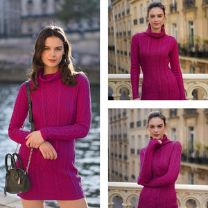 Women Polo Neck Long Slim Fitted Dress Bodycon Turtleneck Cable Knit Sweater