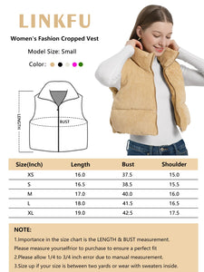 Cropped Puffer Vest Women with Pockets Short Corduroy Vest Sleeveless Stand Collar Padded Puffy Outerwear