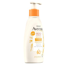 Load image into Gallery viewer, Aveeno Protect + Hydrate Sunscreen Moisturizing Body Lotion with Broad Spectrum SPF 60 and Prebiotic Oat, Weightless, Paraben, Oxybenzone, and Oil Free Sunscreen, 12 FL OZ