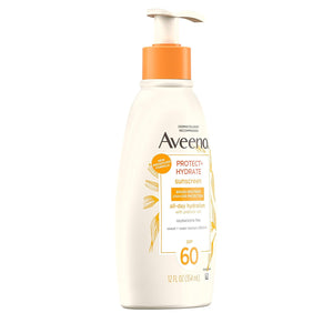 Aveeno Protect + Hydrate Sunscreen Moisturizing Body Lotion with Broad Spectrum SPF 60 and Prebiotic Oat, Weightless, Paraben, Oxybenzone, and Oil Free Sunscreen, 12 FL OZ