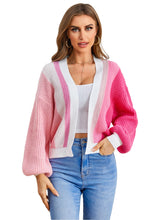 Load image into Gallery viewer, Women&#39;s Color Block Open Front Long Sleeve Ribbed Knit Cropped Cardigan Sweaters