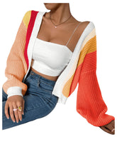 Load image into Gallery viewer, Women&#39;s Color Block Open Front Long Sleeve Ribbed Knit Cropped Cardigan Sweaters