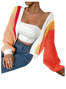 Women's Color Block Open Front Long Sleeve Ribbed Knit Cropped Cardigan Sweaters