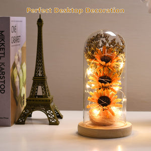 Sunflower Gifts for Women, Sunflowers Artificial Flowers in Glass Dome with LED Strip (Yellow)