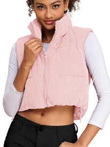 Women's Corduroy Cropped Puffer Vest with Pockets, High Stand Collar Outerwear Lightweight Warm Sleeveless Jacket