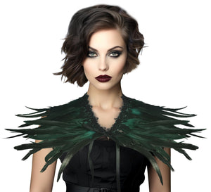 Gothic Black Feather Shawl Victorian Costume Shrug Halloween Cosplay Feather Wrap Lace Neck