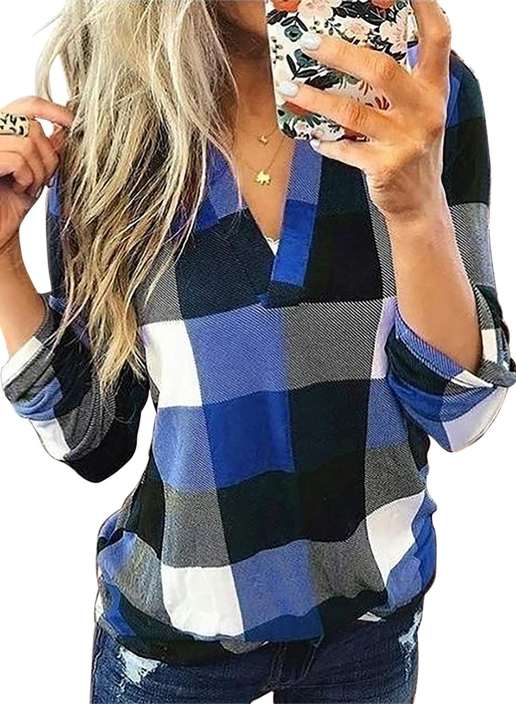 Womens Basic Casual V Neck Plaid Print Cotton Cuffed Long Sleeve Work Tops Blouses Shirts S-3XL