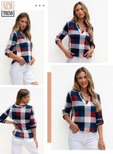 Load image into Gallery viewer, Womens Basic Casual V Neck Plaid Print Cotton Cuffed Long Sleeve Work Tops Blouses Shirts S-3XL